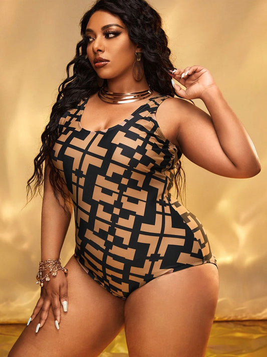 Plus Size Sleeveless Figure Print Swimsuit