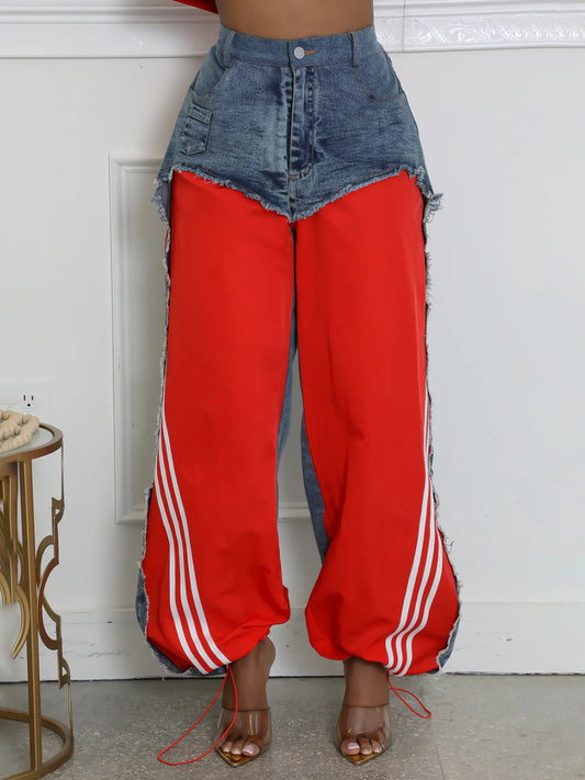 Stripe Patchwork Drawstring Denim Pants