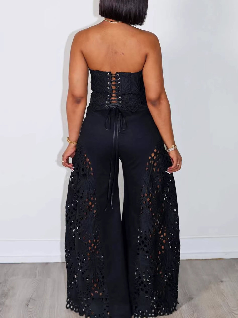 Lace Strapless Top Wide Leg Pants Set