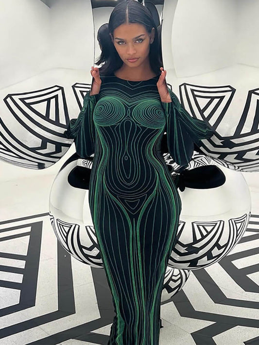 Long Sleeve Striped Bodycon Maxi Dress