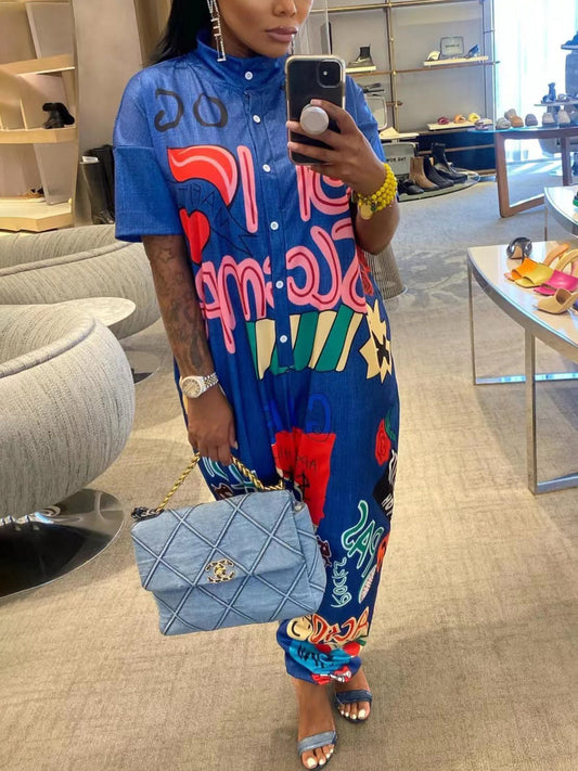 Graffiti Print Button Wide Leg Jumpsuit