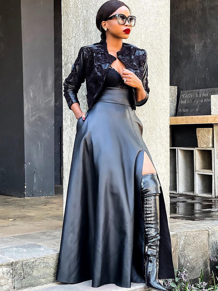 Faldas largas con abertura de PU de cintura alta