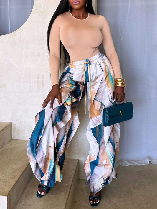 Geometric Printed Ruffle Trim Pants