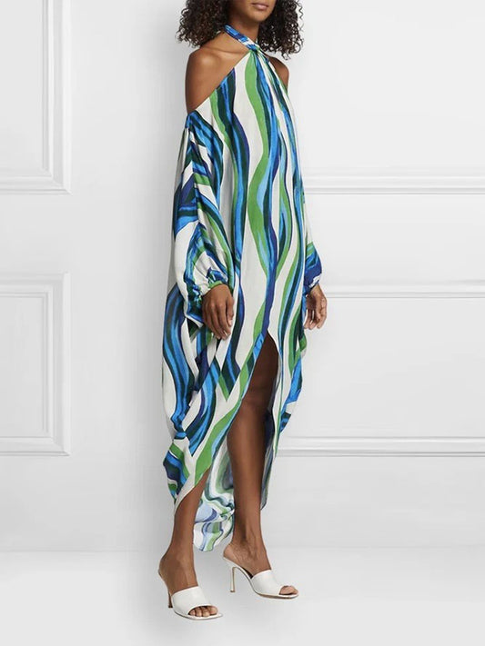 Colorful Striped Sexy Halter Neck Tie Maxi Dress