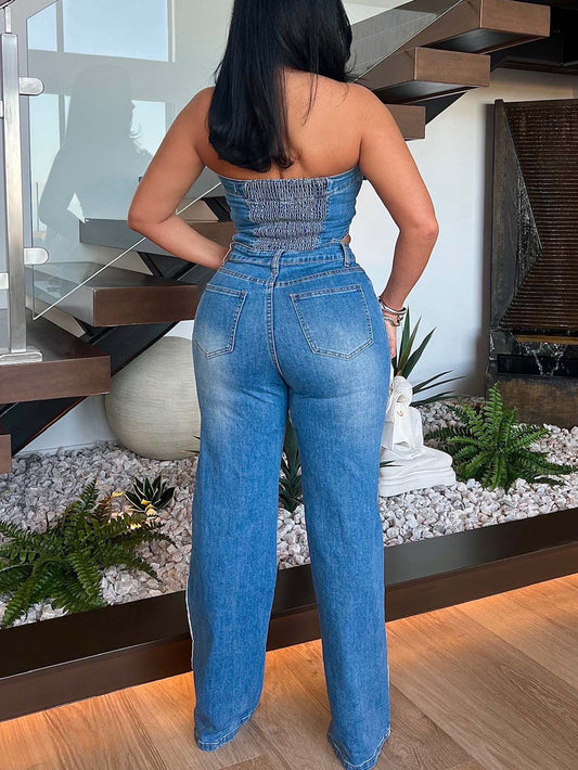 Denim Tube Top Wide-Leg Jumpsuit