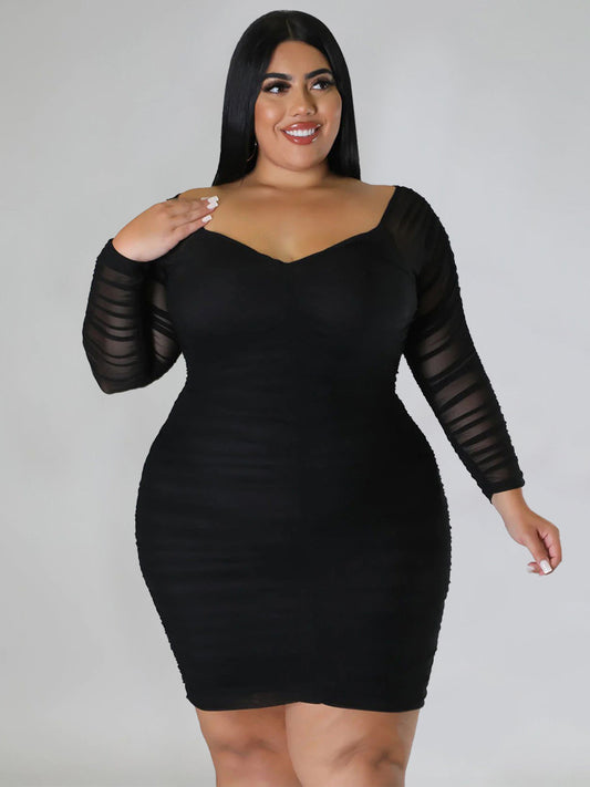 Mesh Patchwork Ruched Plus Size Mini Dress