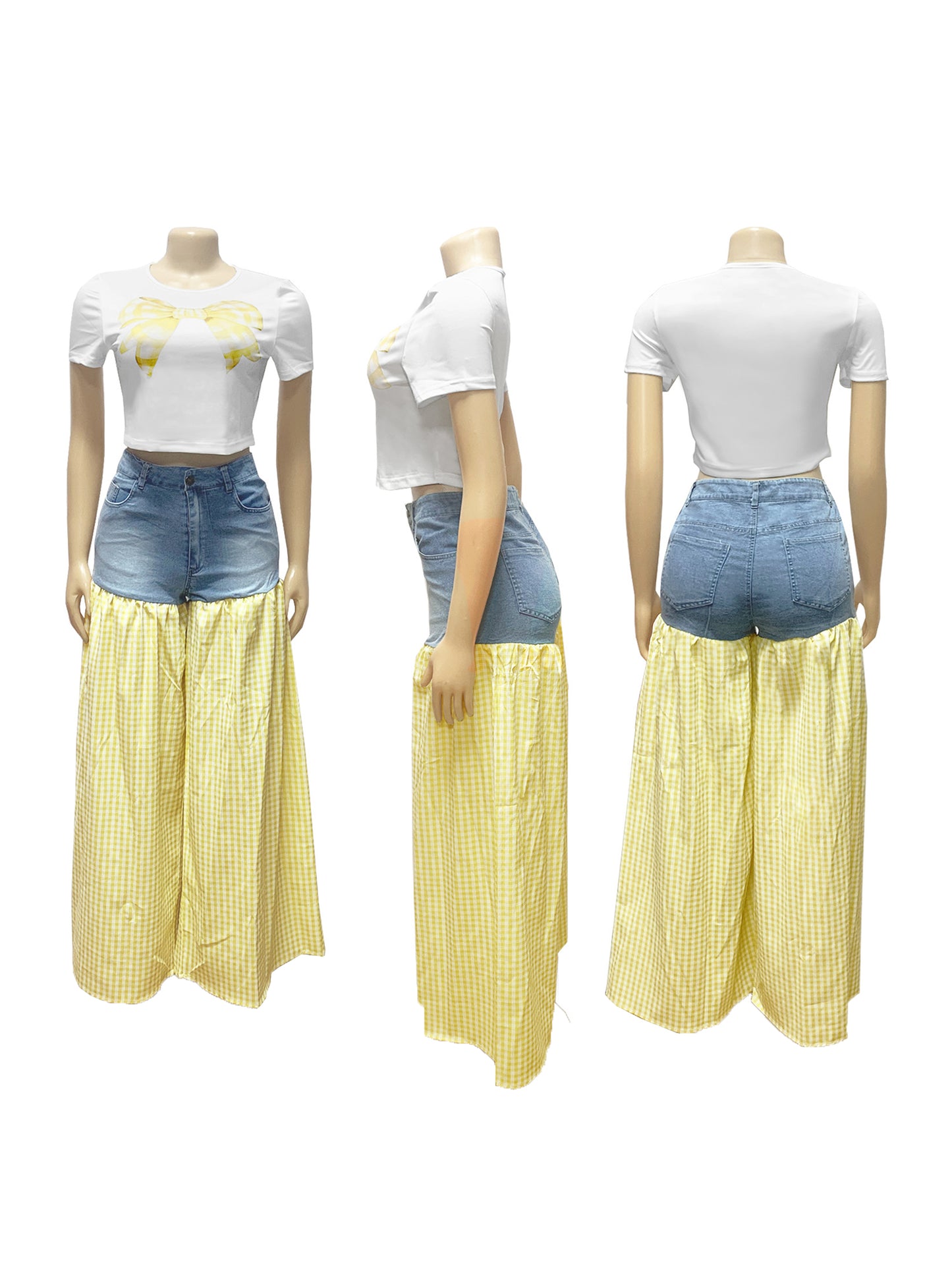 Bow Tie Print Top Denim Plaid Wide-Leg Pants Sets
