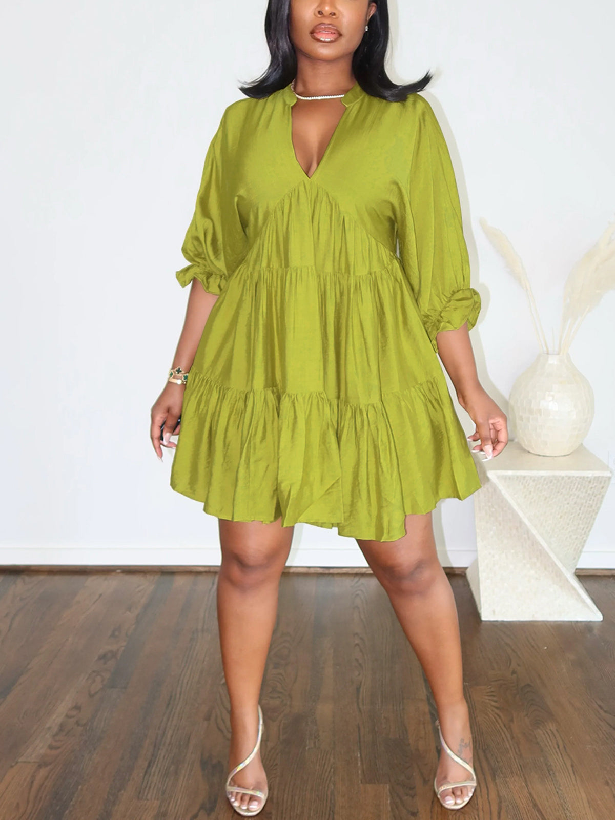 Cropped Sleeves Loose-Fit Pleated Dress