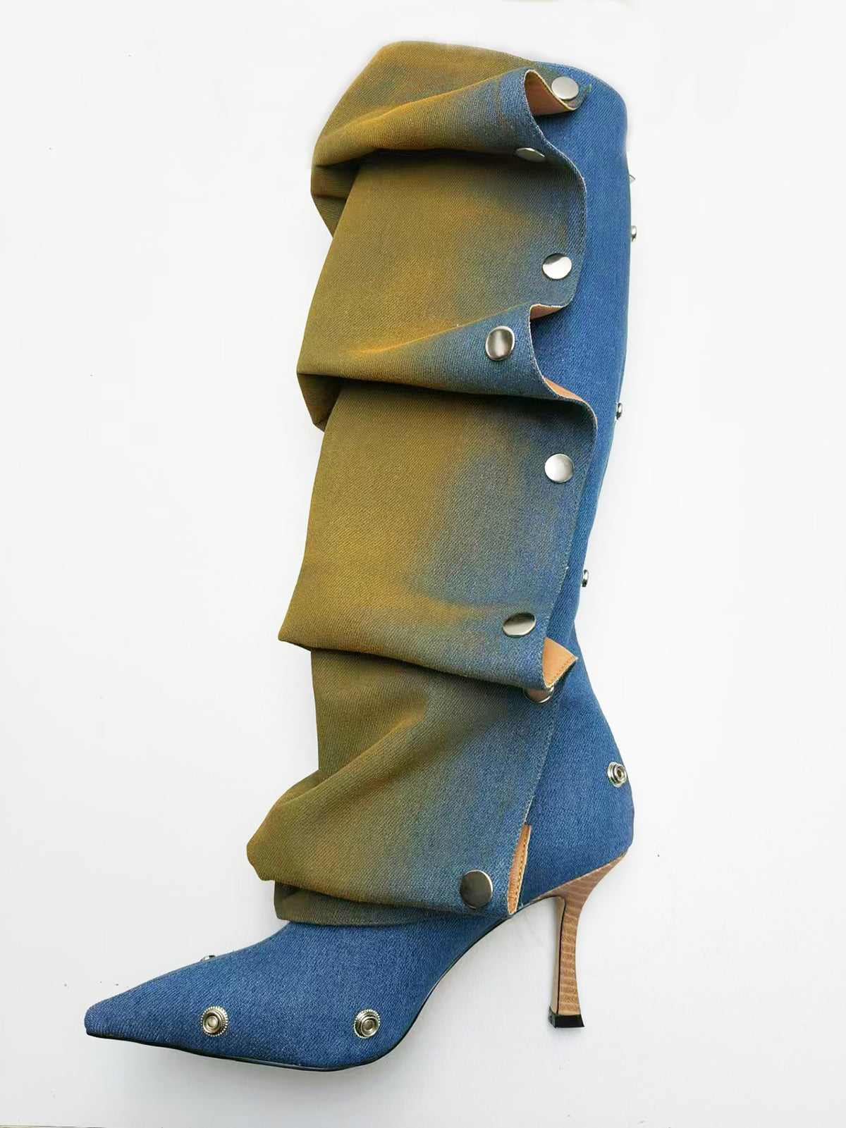 Studded Ruched Stacked Heel Long Boots