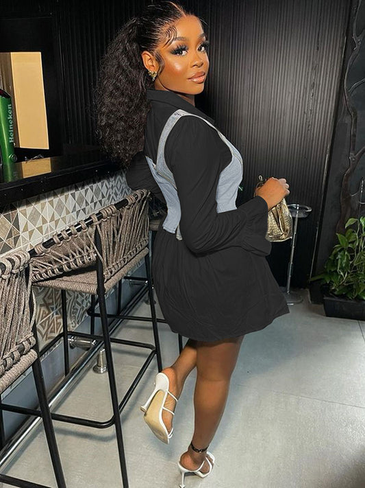 Denim Vest Flared Sleeve Mini Shirt Dress Set