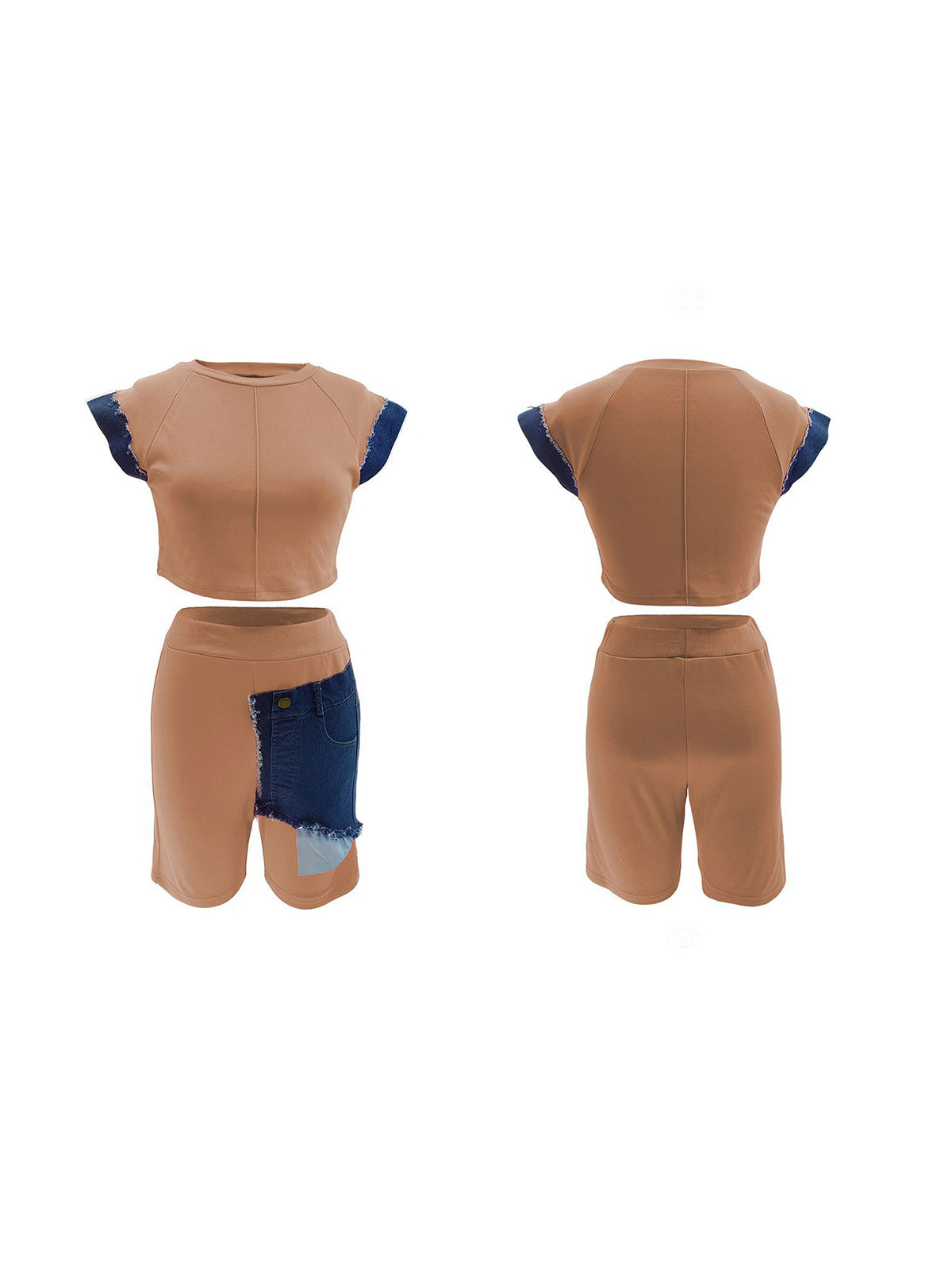 Colorblock Denim Top Shorts Set