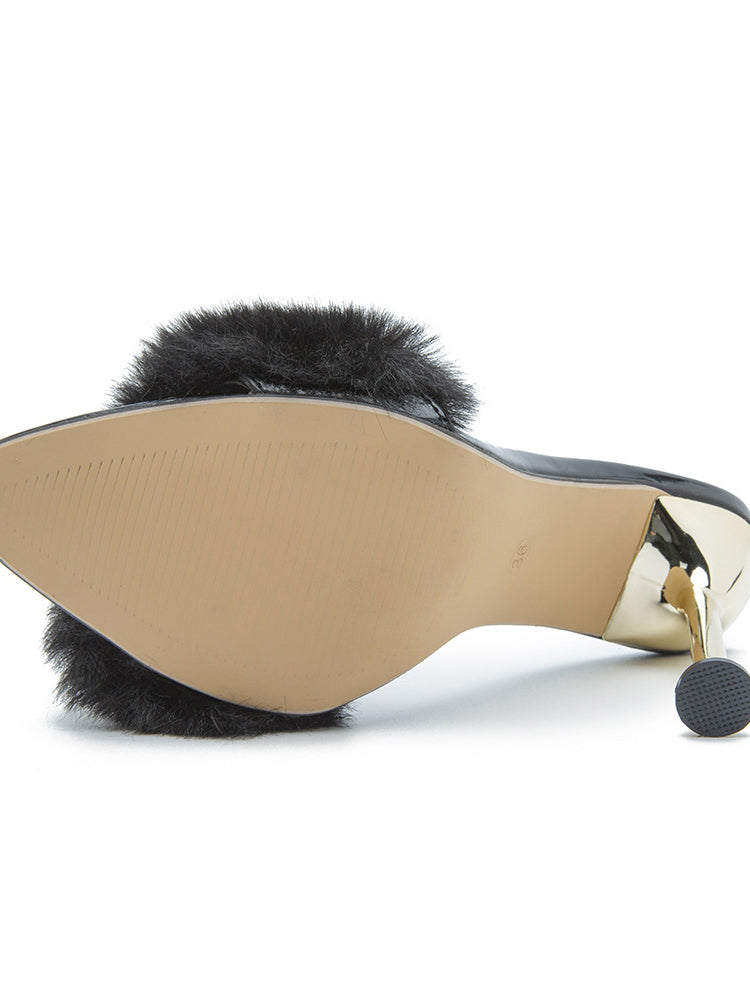 Faux Rabbit Fur Stiletto High Heel Sandals