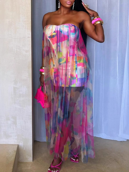 Colorblock Mesh Patchwork Strapless Dress