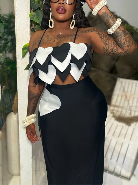 Heart Design Cami Top High Slit Skirt Set