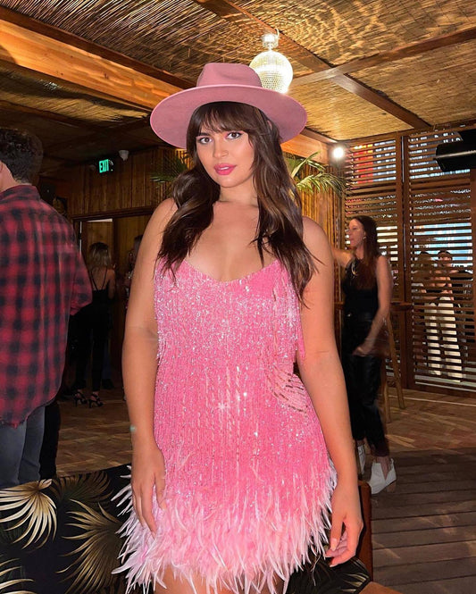 Sleeveless Tassels Sequins Feather Hem Mini Dress