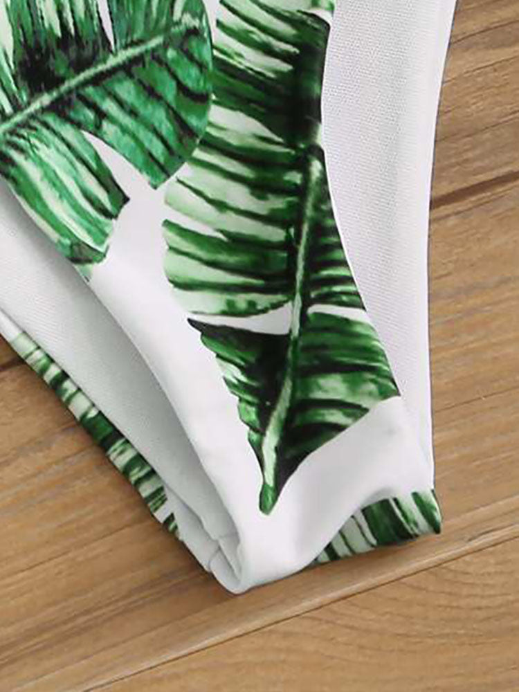 Plus Size Leaf Print Patchwork Swimsuit