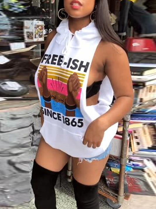 Sleeveless Letter Printed Bodycon Hooded Top