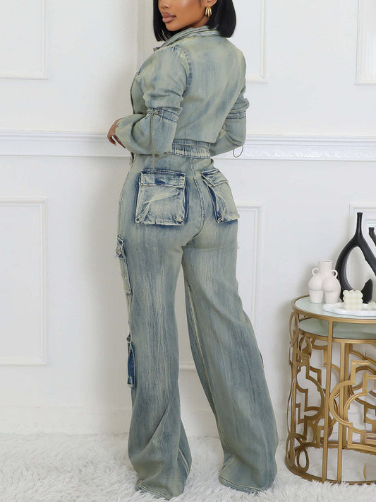 Two-Piece Multi-Pocket Denim Set