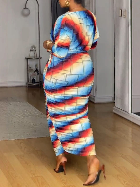 Printed Ruched Long-Sleeve Dress Set