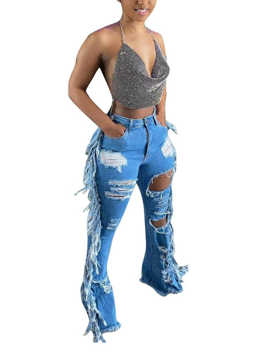 Distressed Fringe Wide-Leg Jeans