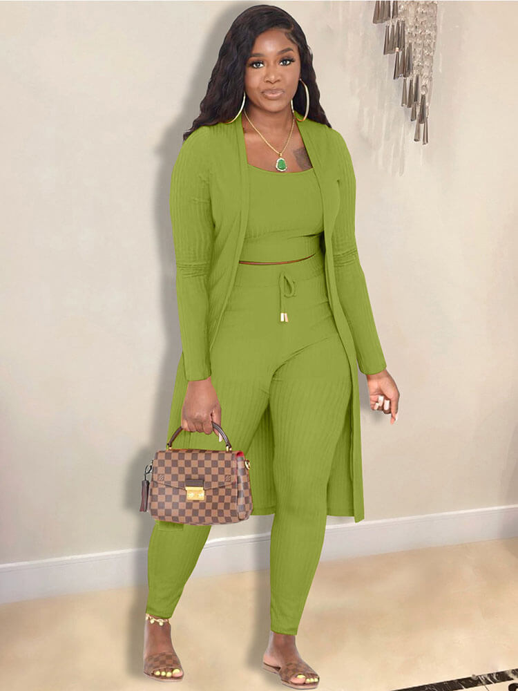 Open Front Cardigan Long Pants Three Piece Outfits