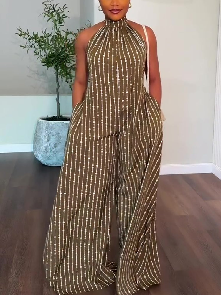 Halter Backless Stripe Wide Leg Jumpsuit