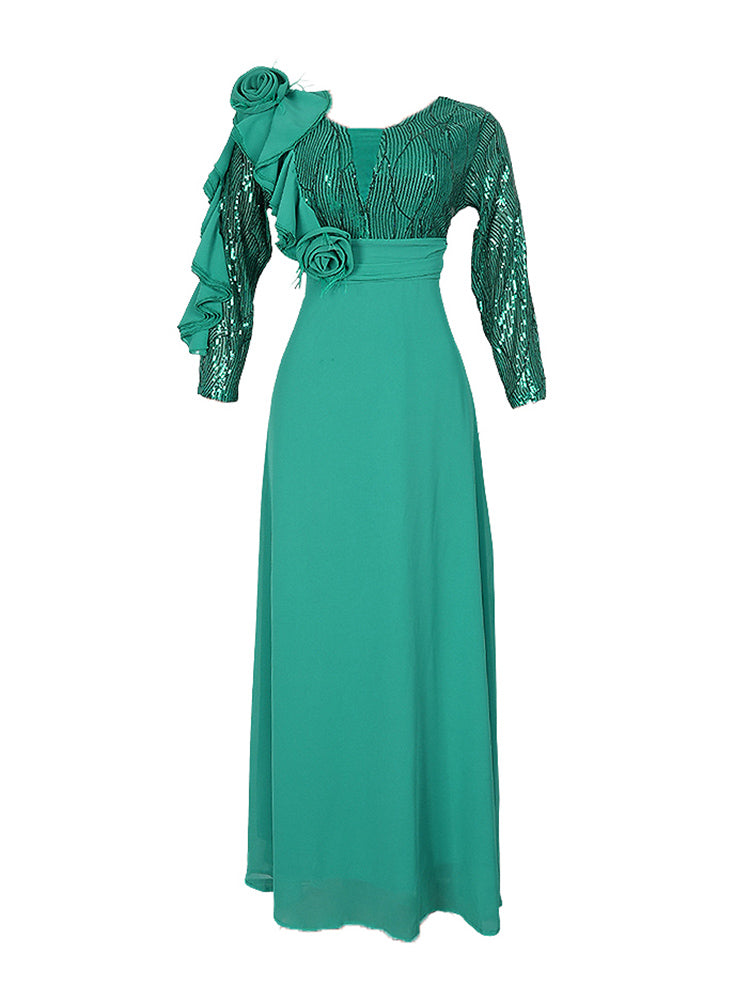 Plus Size Sequin Gown Chiffon Floral Maxi Dress