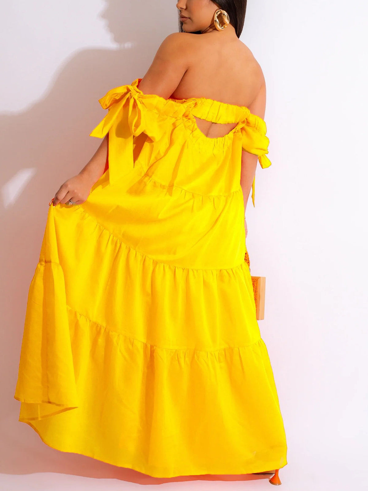 Off Shoulder Ruffle Asymmetric Midi Dress