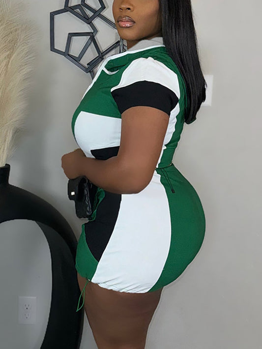 Colorblock Zip-Up Hooded Romper