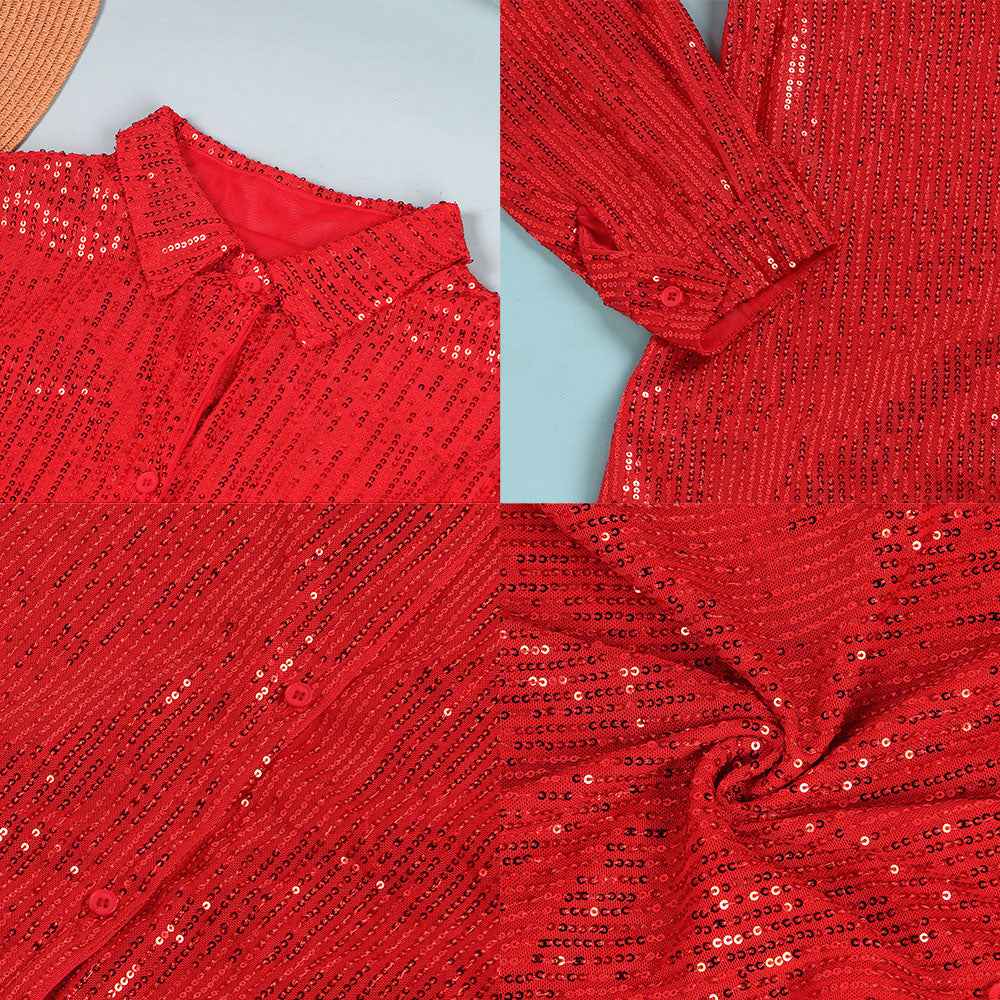 Minivestido camisero de manga larga con lentejuelas brillantes