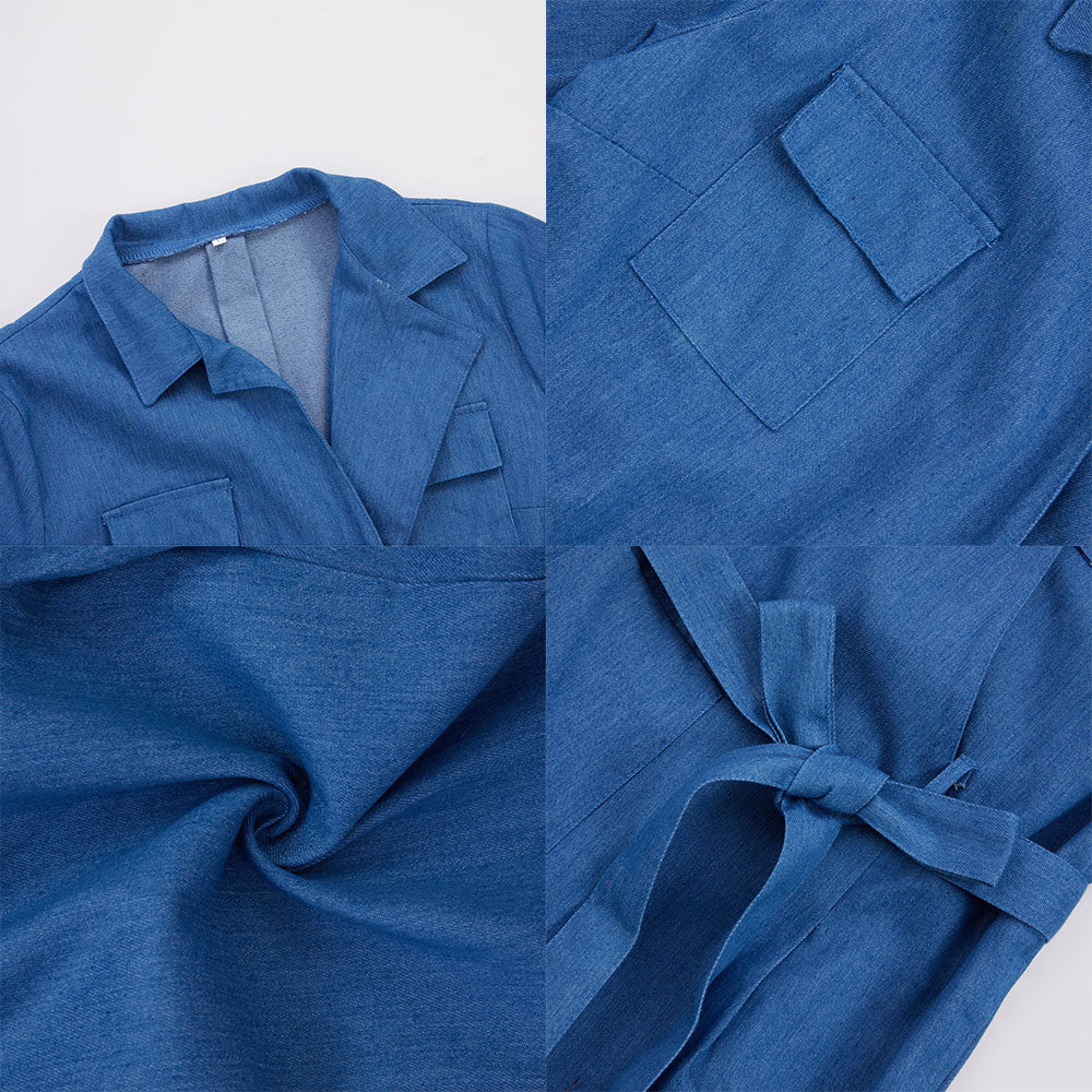 Denim Print Slim Fit Belted Jumpsuit