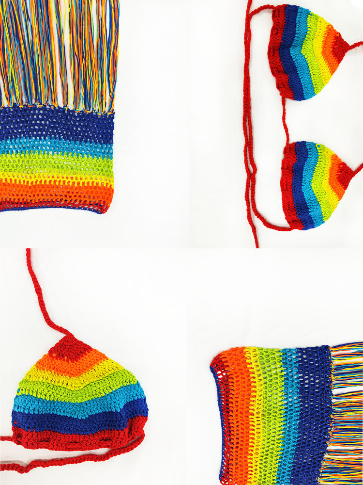 Two Piece Rainbow Tassels Skirt Swimsuit