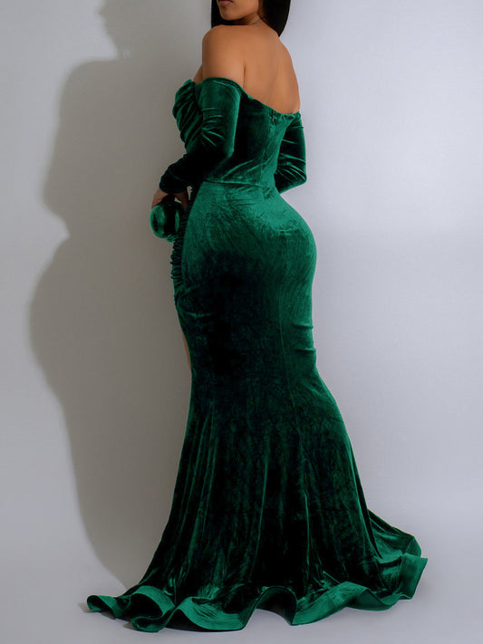 Off Shoulder Velvet Split Maxi Dress