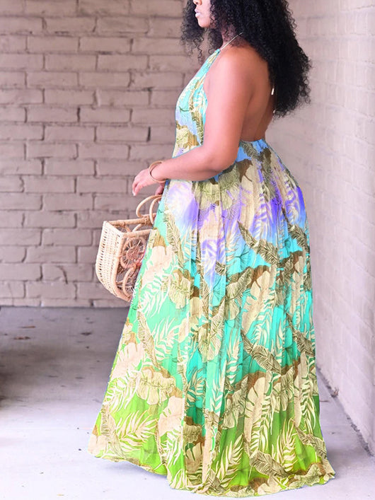 Plus Size Printed Halter Neck Maxi Dress