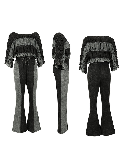 Two Pieces Solid Color Ruched Pants Set