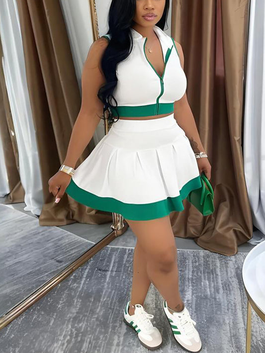 Sleeveless Zip-Up Crop Top Pleated Skirt Set