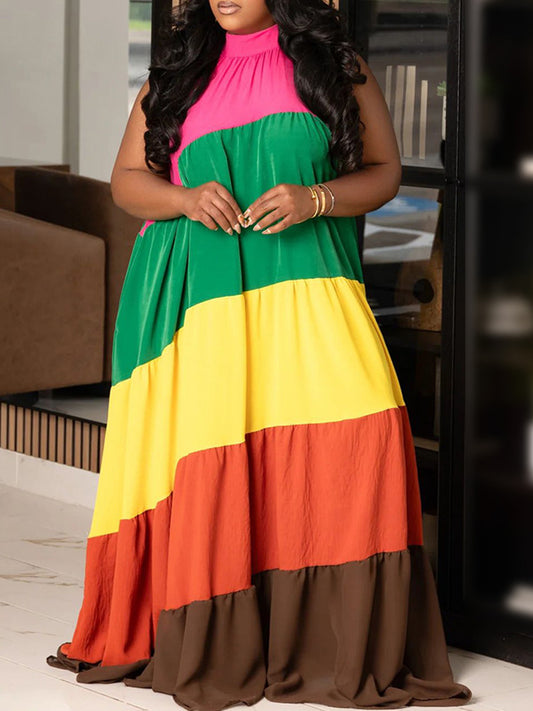 Plus Size Colorblock Print Flowy Maxi Dress
