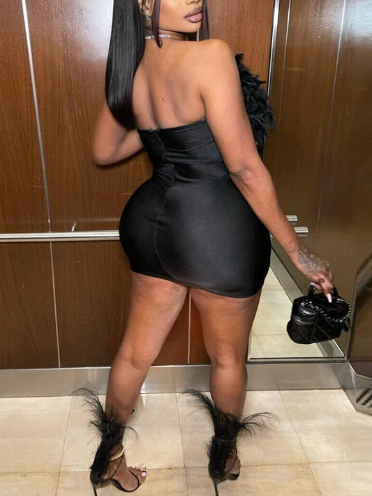Feather Rhinestone Strapless Mini Dress