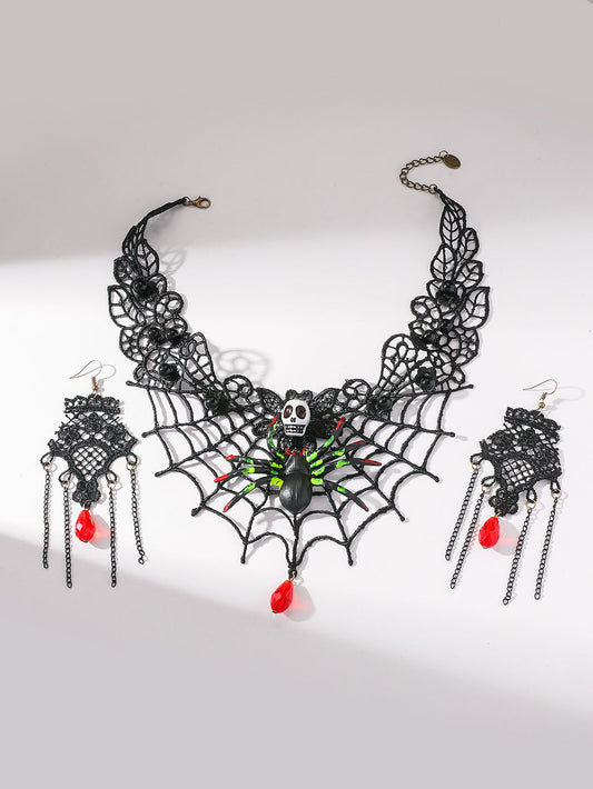 Halloween Skull Spider Lace Necklace & Earring Set