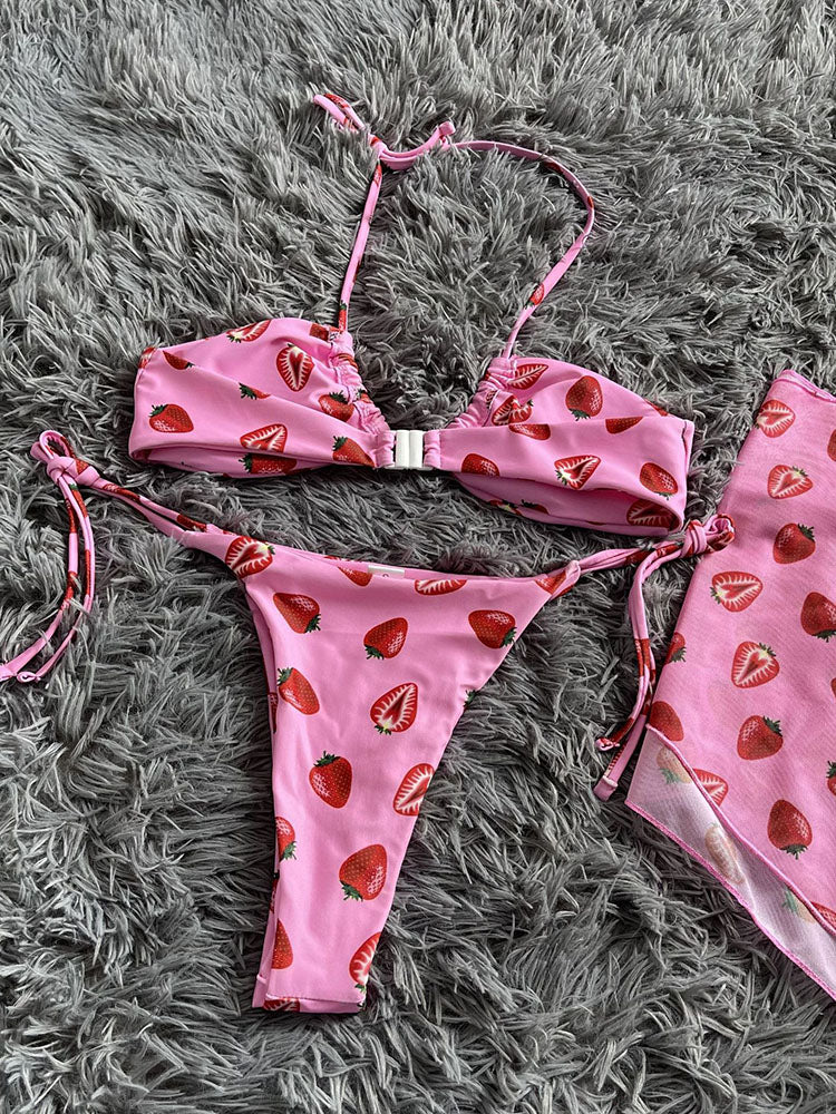 Conjunto de bikini de malla con cordón de tres piezas