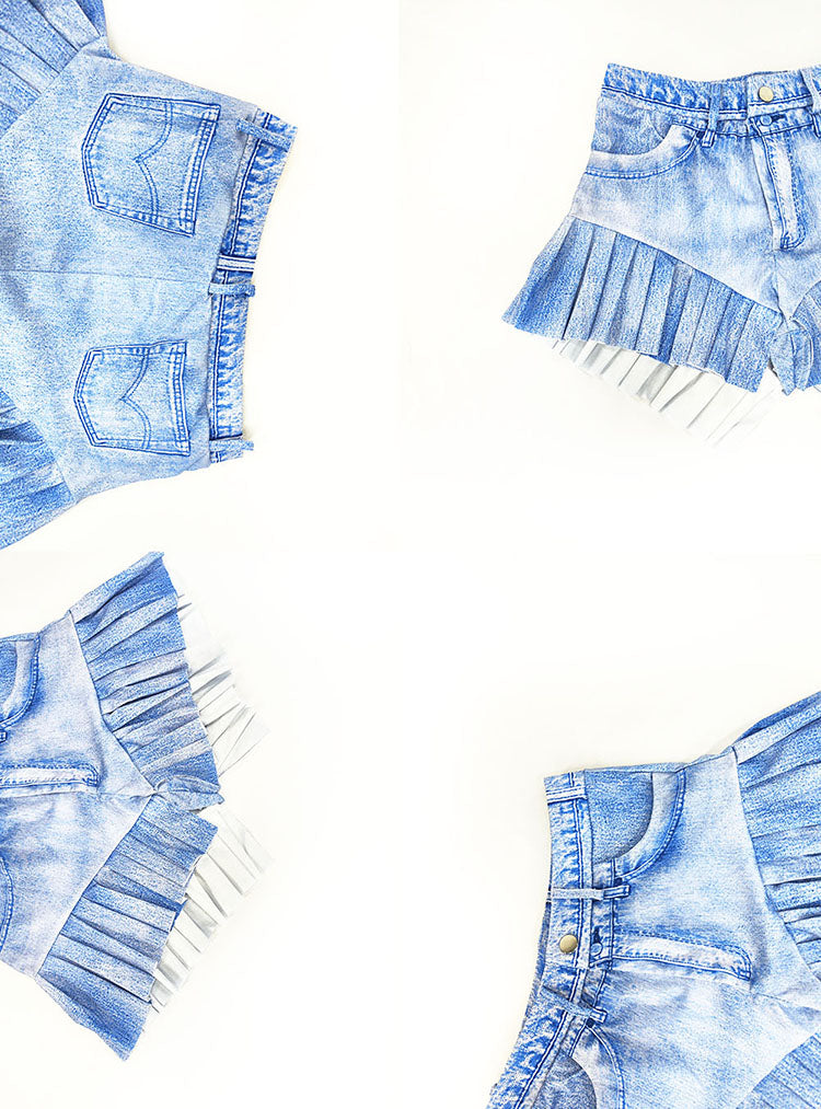 Shorts casuales con dobladillo con volantes y estampado de mezclilla