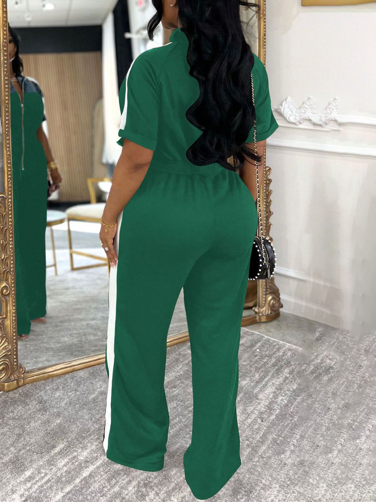 Denim Color Block Zipper Long Jumpsuit