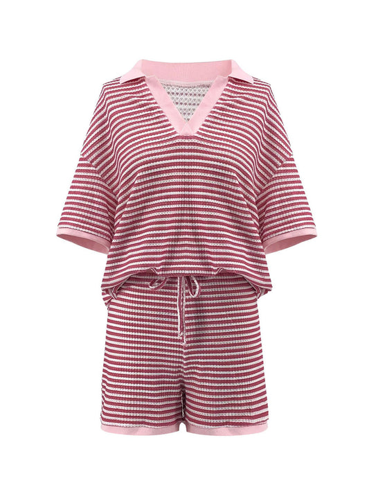 Striped Knit Top High Waist Shorts Set