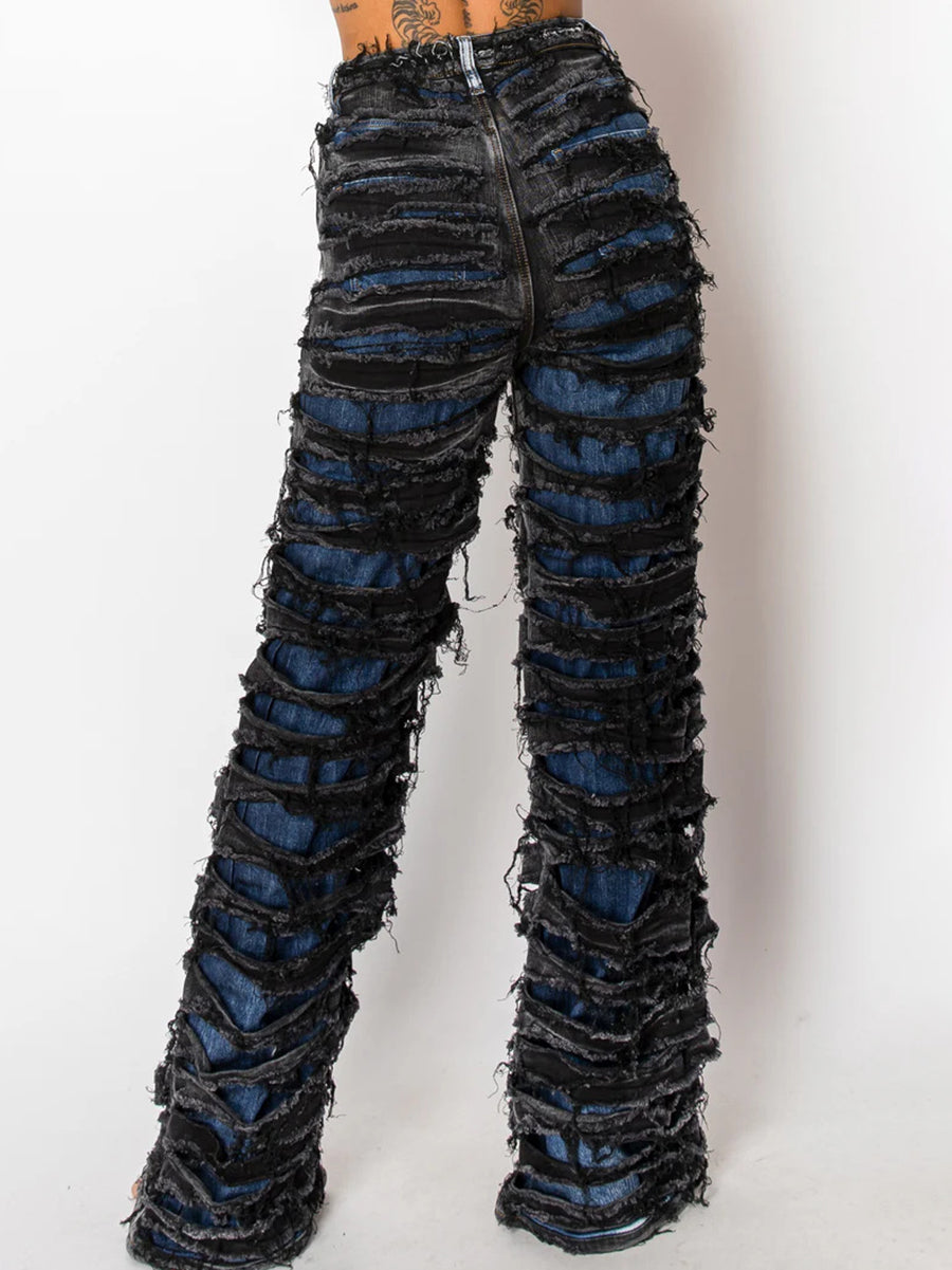 High Waist Distressed Layered Denim Pants
