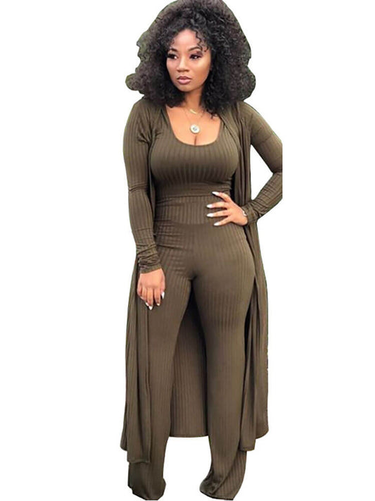 Three Pieces Set Crop Top Long Kimono Cardigan Pants