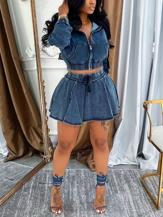 Two Piece Denim Zip Up Jacket Skirt Sets