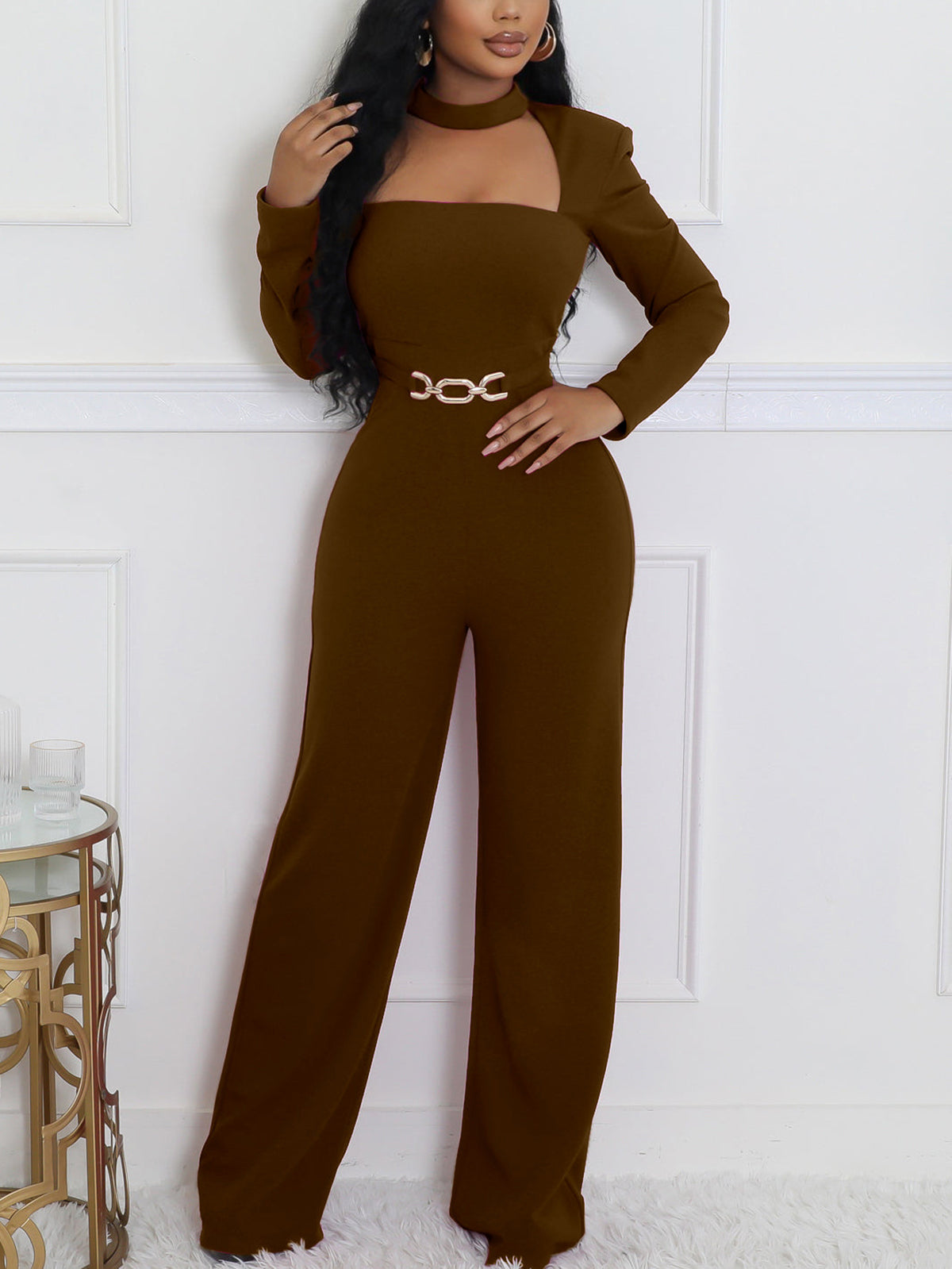 Long Sleeve Choker Waist Chain Jumpsuit