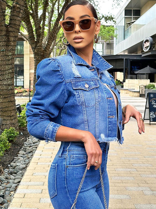 Denim Long Sleeve Ripped Jacket