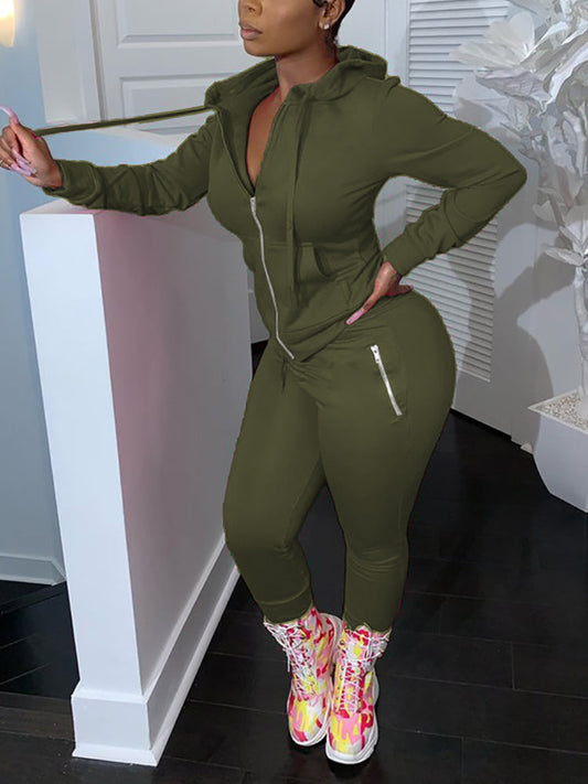Two Piece Solid Color Hoodie Zip-Up Tracksuit