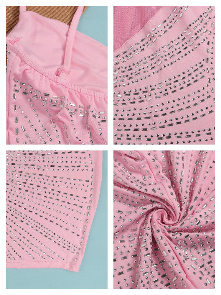 Mesh and Rhinestone Splice Halter Mini Dress